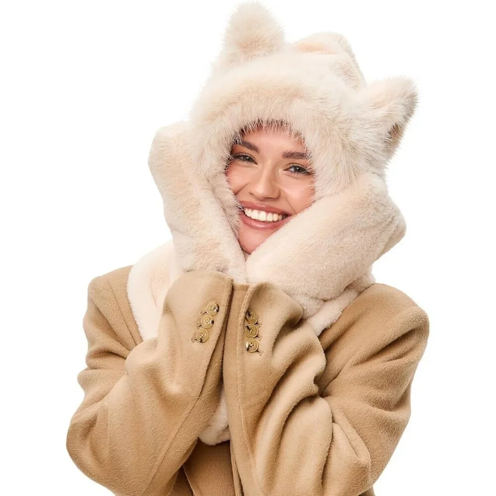 Kids Beige Faux fur Cute Cat Ears Winter Hat, 3 in 1 Plush Animal Hat Imported